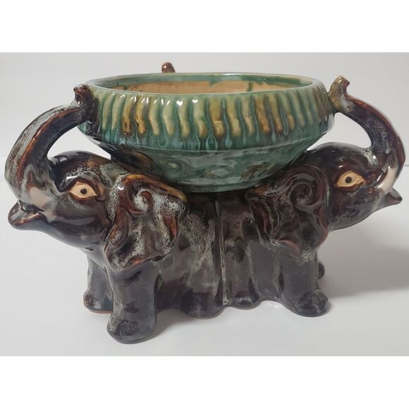 VTG Majolica Planter Chinese Elephant Trio Good Luck Symbol Rich Glaze MED Size - Picture 3 of 8